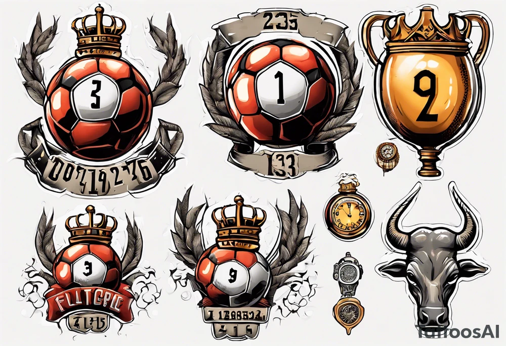 Ballon de football avec le numéro23 ,  une horloge avec une couronne,  le tout avec au fond un taureau tattoo idea