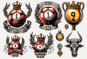 Ballon de football avec le numéro23 ,  une horloge avec une couronne,  le tout avec au fond un taureau tattoo idea