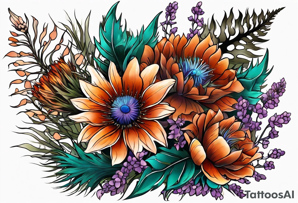 cascading mixed colored wildflowers with thistles, ferns, burnt orange flowers all in color tattoo idea