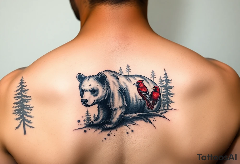 Realistic Woodland with a bear, woodpecker and cardinal tattoo idea