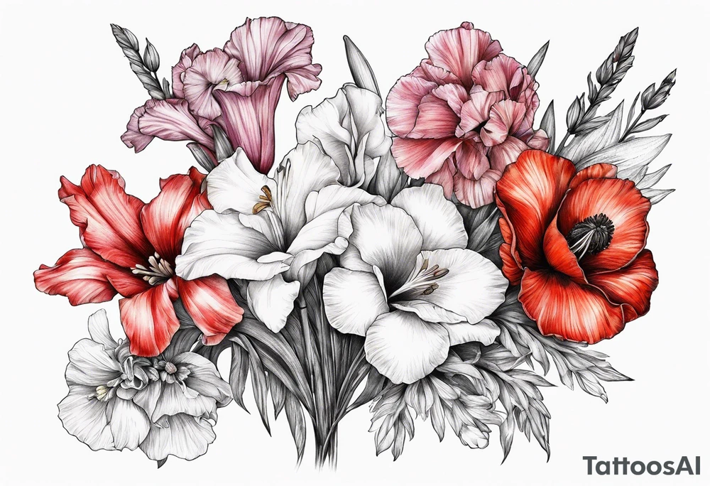 Gladiolus, Poppy, Daisy, Sweet Pea floral tattoo idea