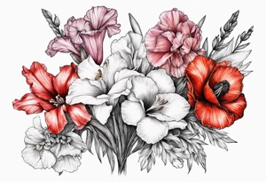 Gladiolus, Poppy, Daisy, Sweet Pea floral tattoo idea