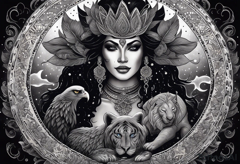 black kali, goddess pirate, alien, angel, pachamama, valkrye, warrior, flying, skull, lotus azul, wing, eagle, zenza resonance, stars, 5D, anahata chakra, death, durga, riding on a tiger, flying lady, kundalini, chest tatoo, samuri, rebel,s erpent tattoo idea