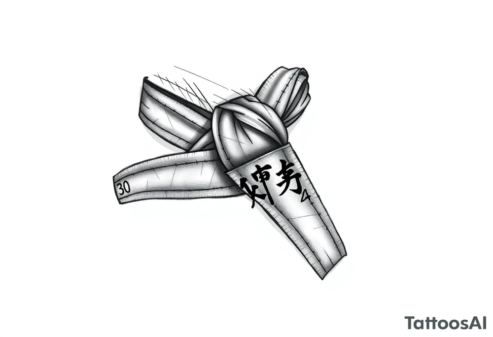 A realistic black and gray tattoo of a Brazilian Jiu-Jitsu black belt wrapping around the wrist like a bracelet. The belt is tied in a knot with one end showing the number 30 and the other showing 24. On the flat end of the belt, two Japanese kanji characters are inked in white: 成長 (growth) and 忍耐 (perseverance). The belt has subtle stitch marks and worn, textured shading for a slightly distressed, authentic look. The style is clean, symbolic, and bold, designed to wrap naturally around the wrist like a wristband.” tattoo idea