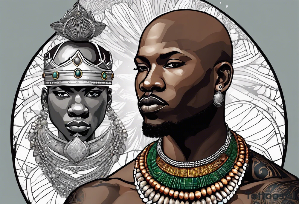 Black-skinned bald african warrior. He wears a simple and small silver crown. He uses a necklace of cowry shells tattoo idea