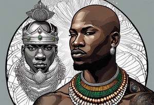 Black-skinned bald african warrior. He wears a simple and small silver crown. He uses a necklace of cowry shells tattoo idea