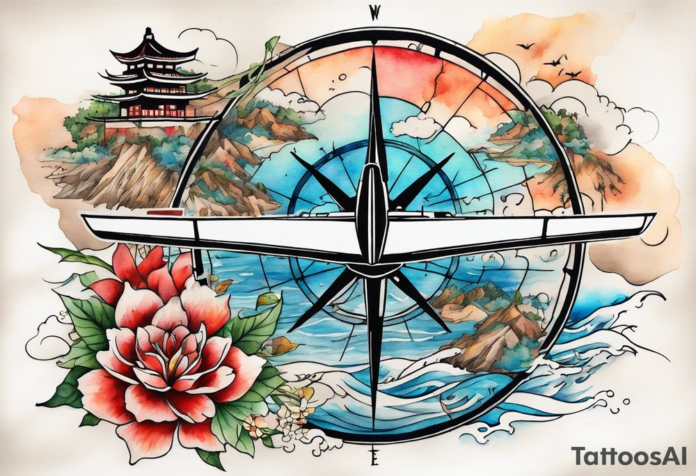 Travel themed for thigh, compass rose overlaid with a landmarks in and around it, spilled watercolor and tiny C130 jet plane silhouette and a tiny speed boat in the water tattoo idea