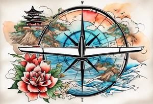 Travel themed for thigh, compass rose overlaid with a landmarks in and around it, spilled watercolor and tiny C130 jet plane silhouette and a tiny speed boat in the water tattoo idea