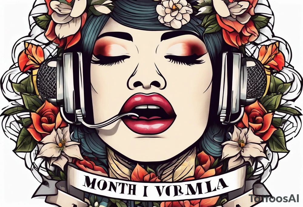 traditional vintage tattoo of mouth singing in microphone simple  flowers and banner
no face tattoo idea