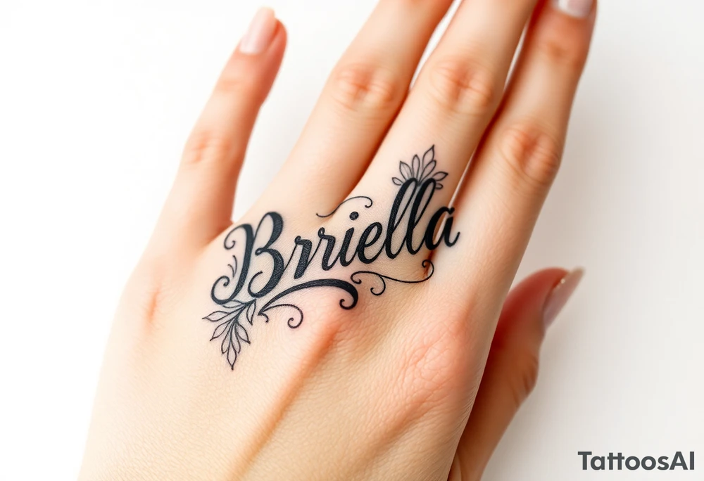 "Briella" in old English style on hand along thumb tattoo idea
