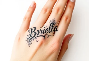 "Briella" in old English style on hand along thumb tattoo idea