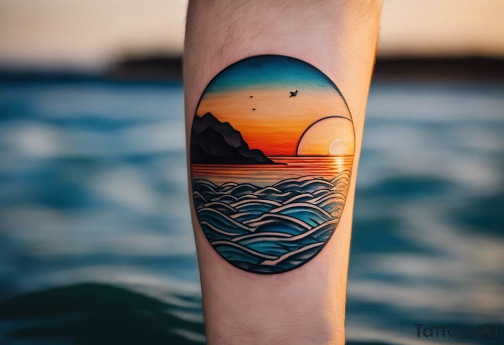 This is an extremely simple and minimalistic tattoo on male forearm. The tattoo covers the forearm lengthwise and is not tall or round. From the perspective of being on the ocean, Water is calm, with no waves in sight, the sun is setting behind the ocean, reflecting light onto the ocean. tattoo idea
