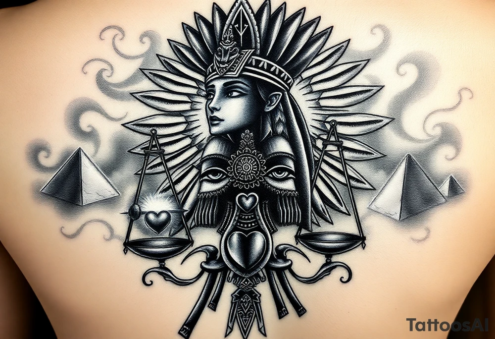 “Super realistic black and grey tattoo of the Egyptian goddess Ma’at, depicted as a regal woman with an ostrich feather headdress, intense glowing eyes, and intricate ancient Egyptian jewelry. She stands or floats amidst swirling cosmic energy and beams of light, with subtle hieroglyphics and pyramids in the background. Incorporate the Scales of Justice—one side holding a heart, the other Ma’at’s feather—glowing with ethereal energy. Emphasize dramatic lighting, deep shadows, and surreal, mystical atmosphere to match a sleeve with Anubis and cosmic motifs. Design should flow with existing sleeve art, using soft transitions and layered textures. tattoo idea
