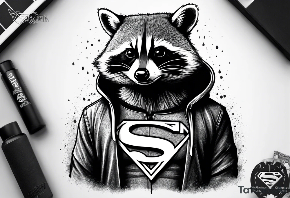 raccoon wearing a Superman hoodie tattoo idea