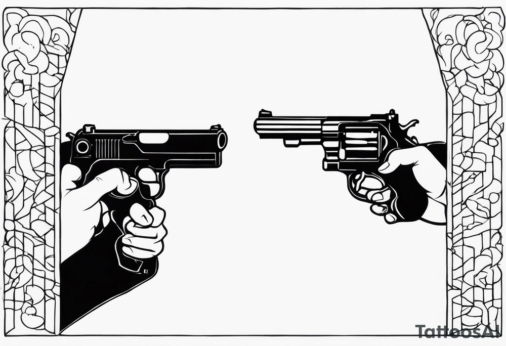 A reflection of two black  siloets of people  holding guns at two siloets dead tattoo idea