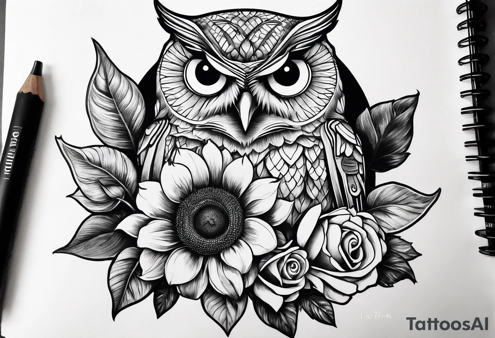 Sunflower, camera, book, owl, flower rose tattoo idea