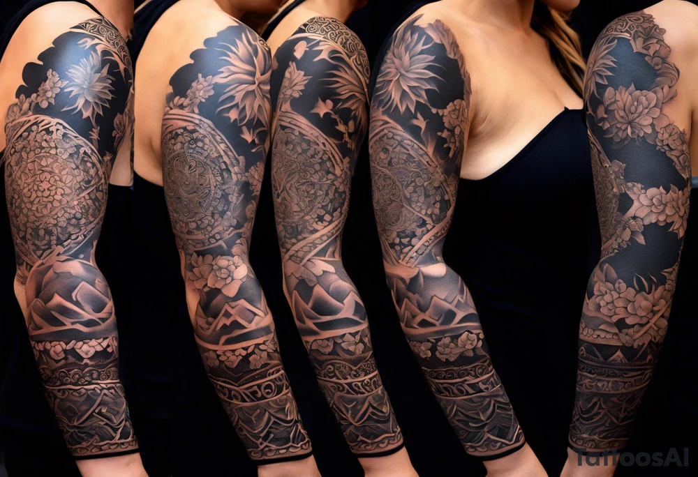 A full tattoo sleeve inspired by Greek mythology, designed with a dark and powerful aesthetic. The centerpiece is the Greek goddess Aphrodite, depicted with a strong yet ethereal presence, embodying both beauty and power. Surrounding her, intricate mandala patterns are woven into the design, adding a sense of balance and symmetry while maintaining a masculine edge. The shading throughout the sleeve is heavy and dramatic, creating deep contrasts and a sense of depth. Additional elements like laurel wreaths, classical columns, or stormy ocean waves intertwine with Aphrodite, symbolizing strength, endurance, and the untamed forces of nature. The overall design should be bold and intense, capturing the mythological grandeur in a way that resonates with a strong, masculine energy. tattoo idea