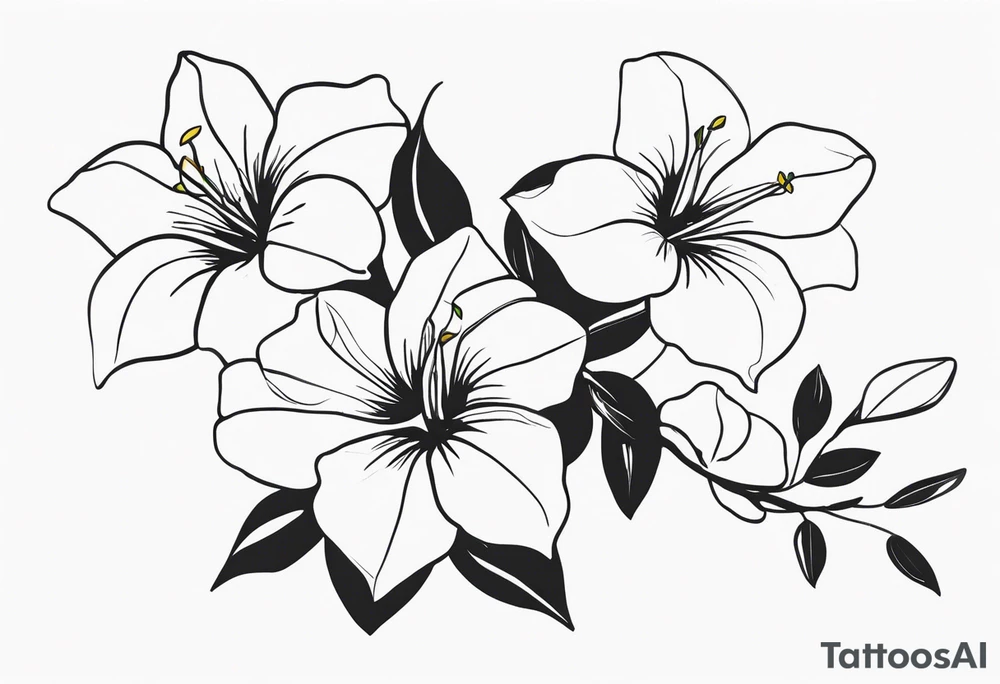 white background, abstract mandevilla flowers on a vine, part of it watercolor, part of it just line work tattoo idea