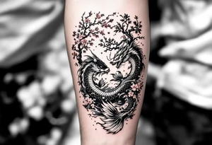 koi fish fighting a dragon in a yin yang format 
with a sakura tree in the background, Japanese inspired piece tattoo idea