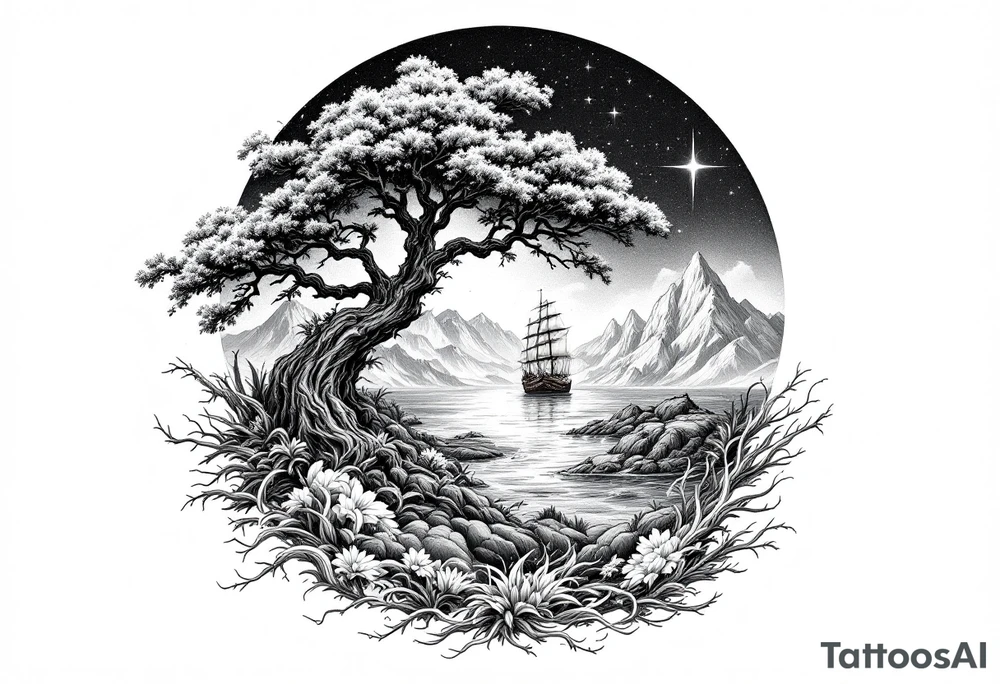 tattoo that has an acacia tree with mountains, ocean with a ship wreck and the northern star tattoo idea
