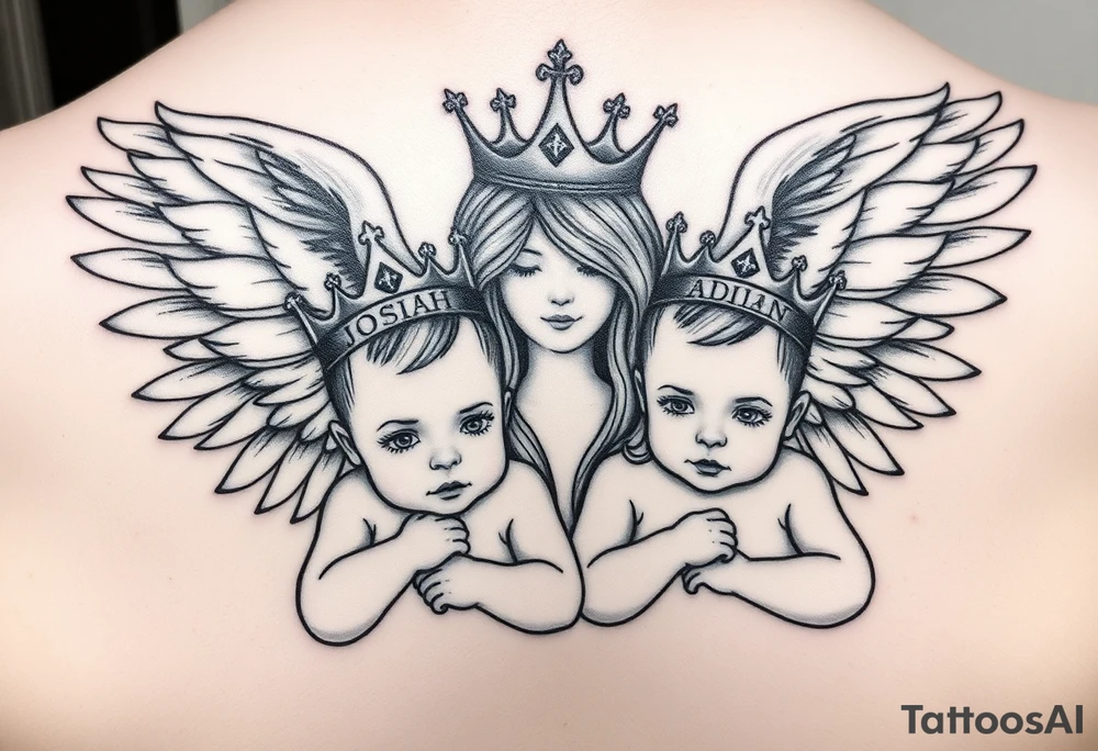 powerful beautiful realistic Women Angel with 2 baby boys one 1 almost 2 years older then the other  both boys wearki g king crowns with the names JOSIAH  and under name JOSIAH  romen numerals 7-06-2021 & the other younger baby in his crown saying ADIAN and under his name 3-10-2023 in roman numerals tattoo idea