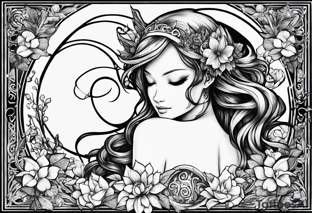No color fairy with a tail inspired by the logo of the anime show called Fairy Tail in a fetal position leaning in and forward while sleeping tattoo idea