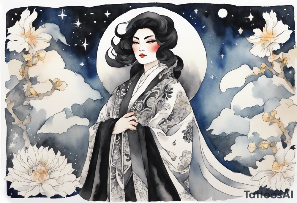 a watercolor of a beautiful 40-year-old Persian woman wearing black and white cloak with the night sky in the background tattoo idea