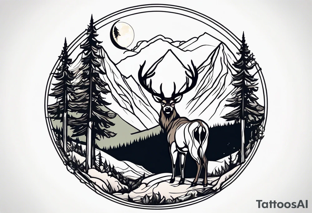 Hunter in the woods with dark mountains in the background under moonlight with elk deer and a cougar tattoo idea