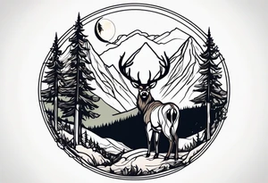 Hunter in the woods with dark mountains in the background under moonlight with elk deer and a cougar tattoo idea