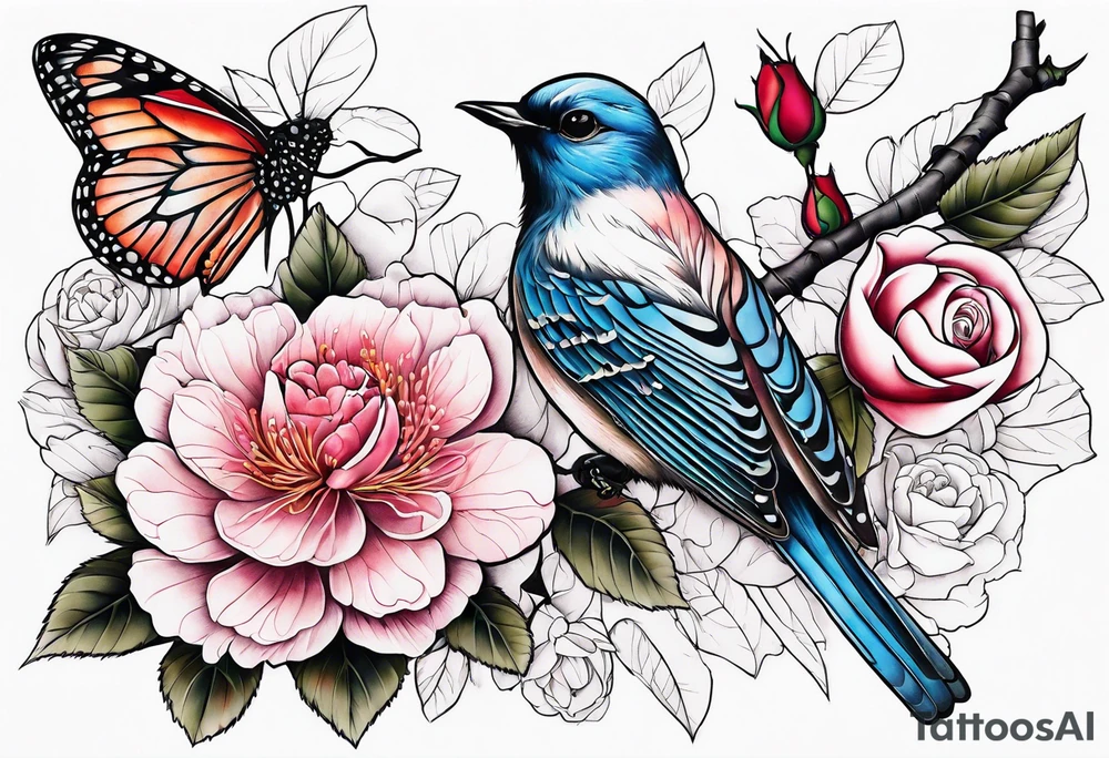 Japanese cherry blossom with birds, butterflies and rose tattoo idea