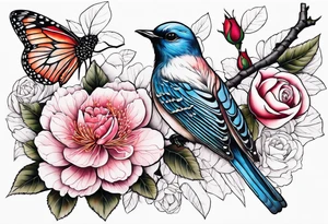 Japanese cherry blossom with birds, butterflies and rose tattoo idea