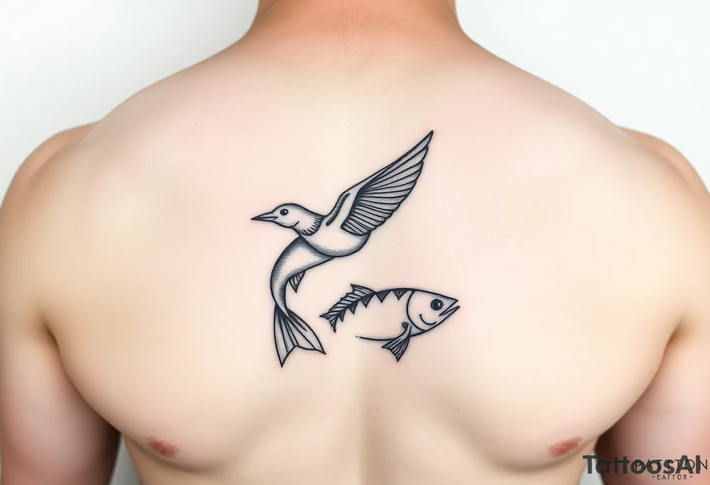 minimal fine line bird and fish tattoo, for chest, man. tattoo idea