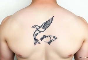 minimal fine line bird and fish tattoo, for chest, man. tattoo idea