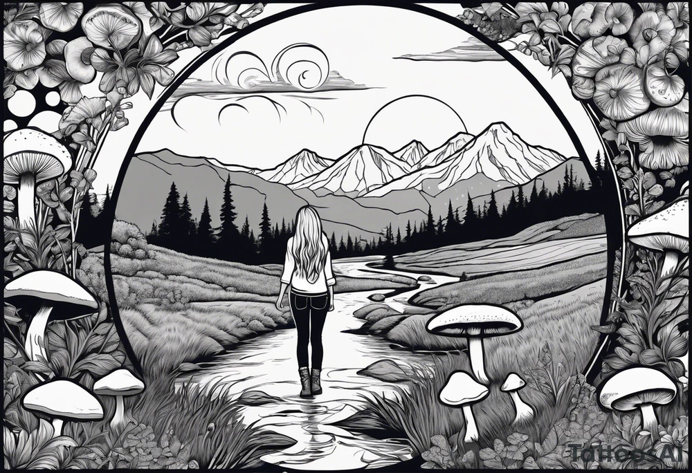 Whole picture encircled fully

Straight long blonde hair hippie girl in distance holding mushrooms in hand facing away toward mountains and creek surrounded by mushrooms long sleeve shirt and hiking pants; whole rendering within a full circle, no cut off circle tattoo idea