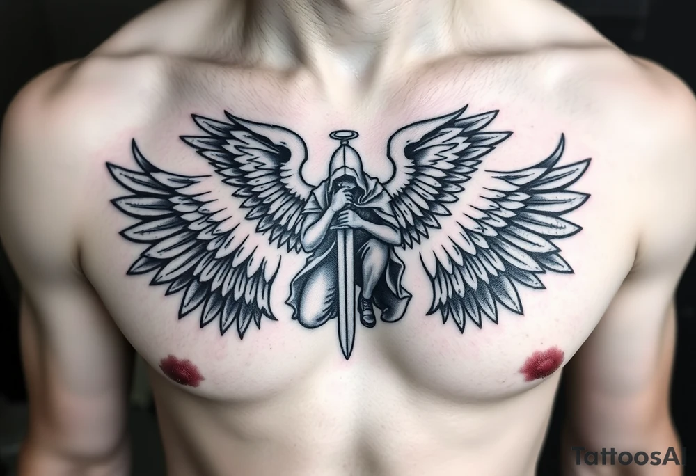 Soldier Angel with long sword kneeling looking down cloak over head wings spread tattoo idea, upper chest tattoo idea