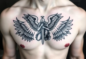 Soldier Angel with long sword kneeling looking down cloak over head wings spread tattoo idea, upper chest tattoo idea
