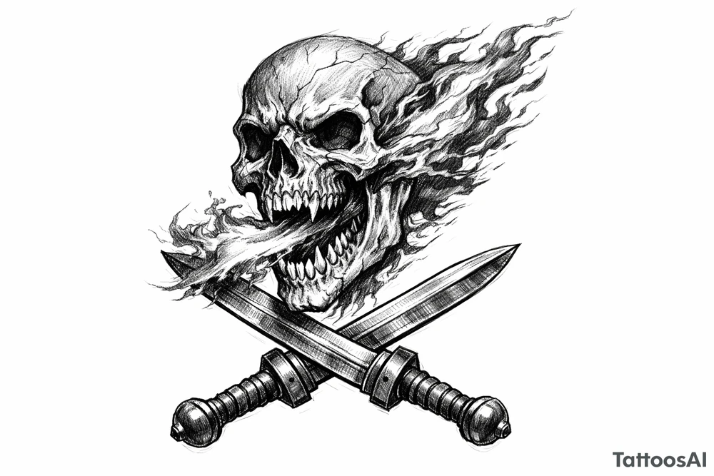 A skeletal head spewing fire, with gladius swords crossed at the base. tattoo idea