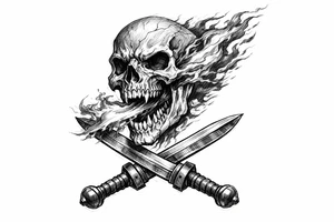 A skeletal head spewing fire, with gladius swords crossed at the base. tattoo idea