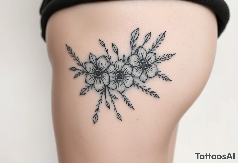 Hip and thigh tattoo with Thinner lines and flowers something dainty but also bohemian with maybe a touch of an insect or small animal tattoo idea
