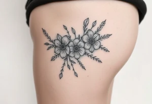 Hip and thigh tattoo with Thinner lines and flowers something dainty but also bohemian with maybe a touch of an insect or small animal tattoo idea