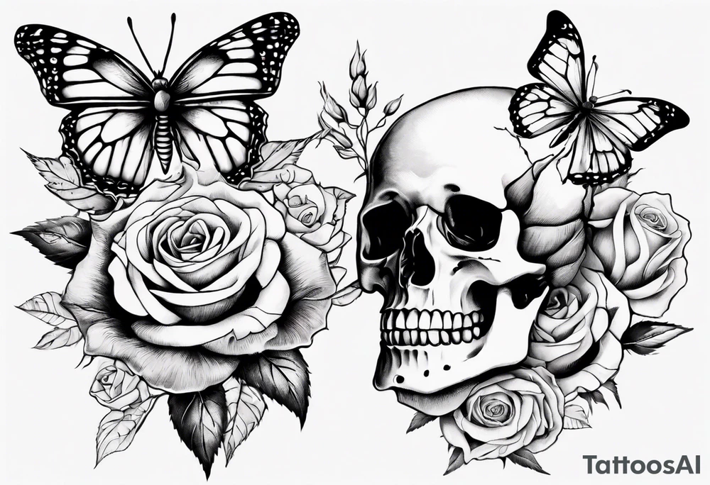 Skeleton hand with roses at the bottom and a butterfly at the top tattoo idea