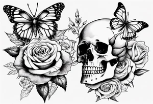 Skeleton hand with roses at the bottom and a butterfly at the top tattoo idea
