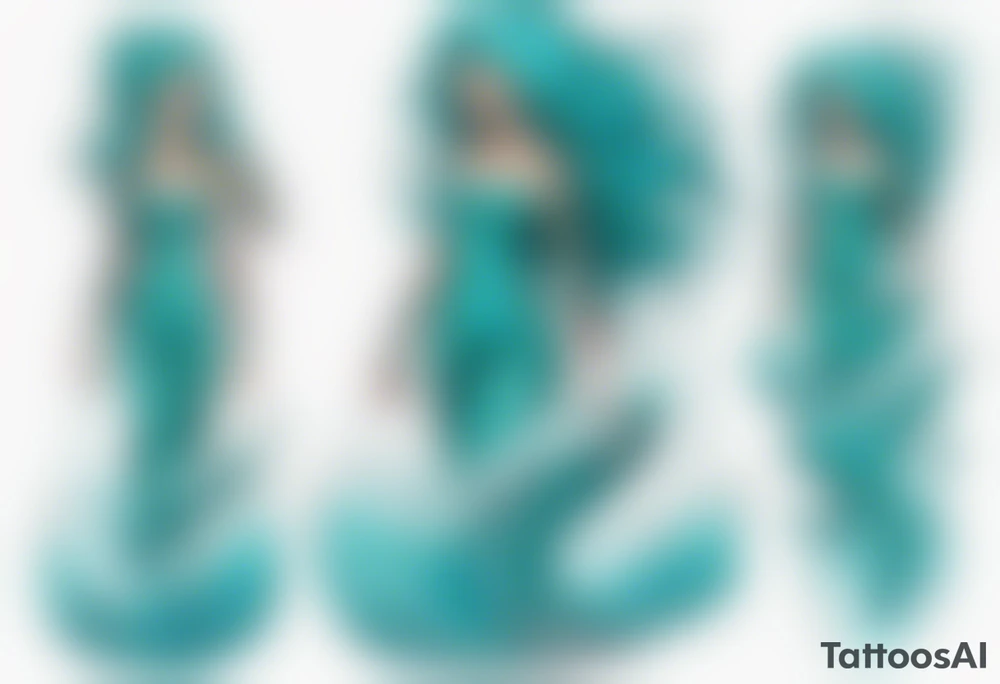 a tall woman made of water with turquoise hair riding the waves tattoo idea