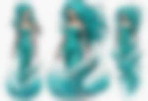 a tall woman made of water with turquoise hair riding the waves tattoo idea