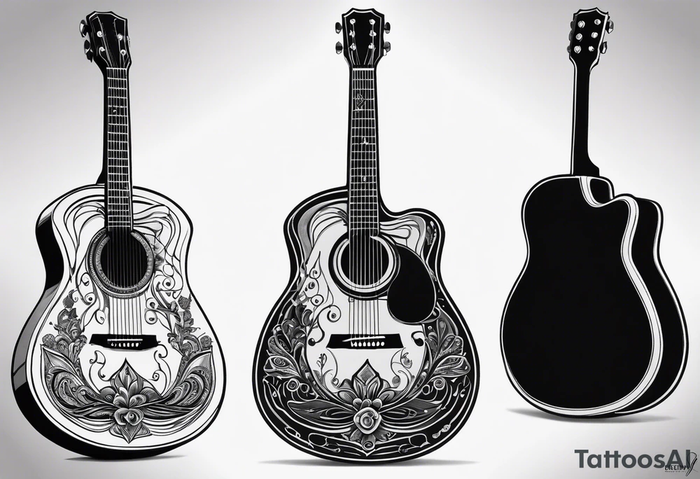 A minimalist guitar design, small in size, with clean lines and vintage detailing. The guitar represents a deep connection to music, with a classic, understated design that captures its essence without embellishments. tattoo idea