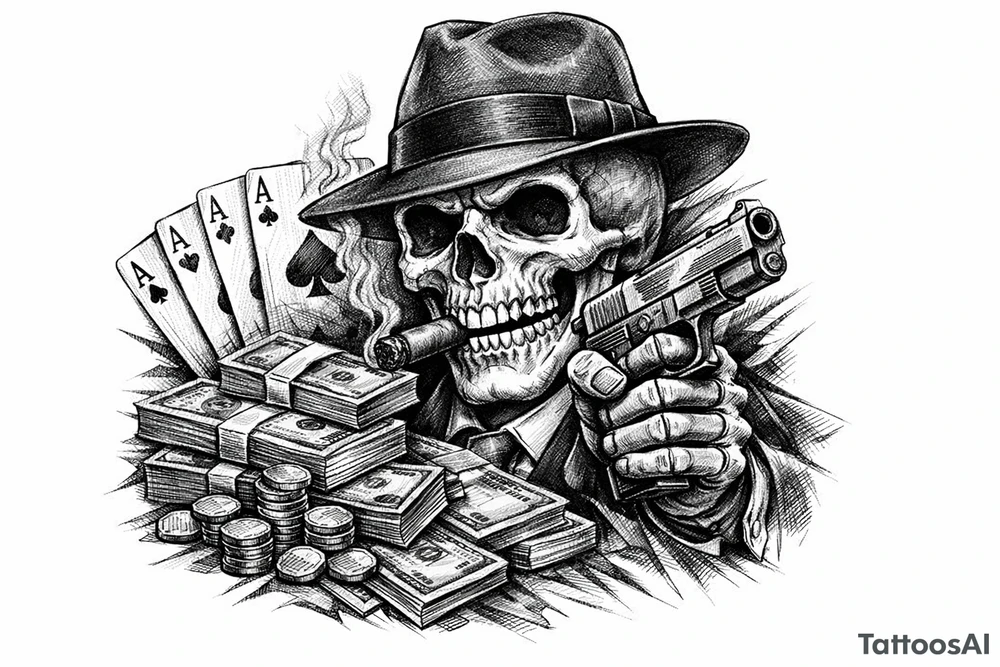skull with gangster-hat,cigar in his mouth,a gun in a hand,playing cards,a lot of money. tattoo idea
