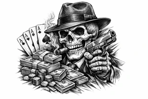 skull with gangster-hat,cigar in his mouth,a gun in a hand,playing cards,a lot of money. tattoo idea