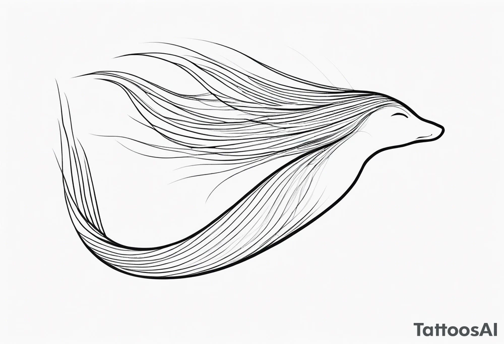 mermaid, long hair, diving like a dolphin face in profile, one-line, minimalist, tail in bottom left corner, right top right corner tattoo idea
