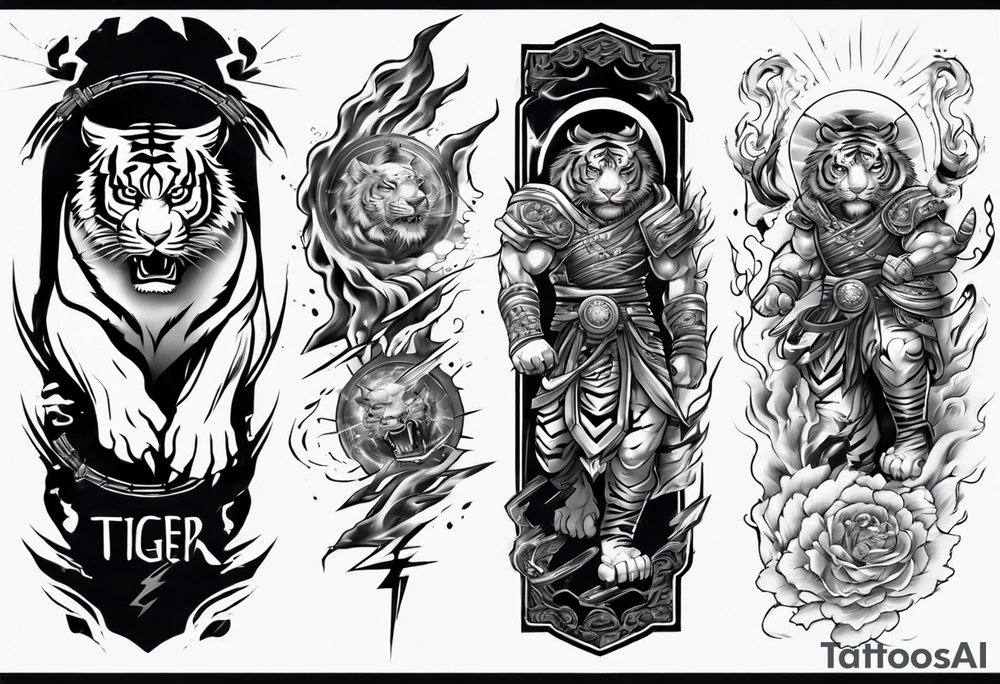 tiger warrior with lightning and the sun for a forearm sleeve tattoo idea