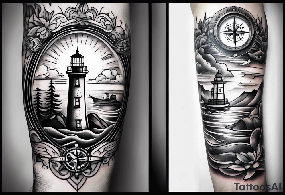 An open book with a lighthouse in the middle and a compass to wrap around forearm tattoo idea